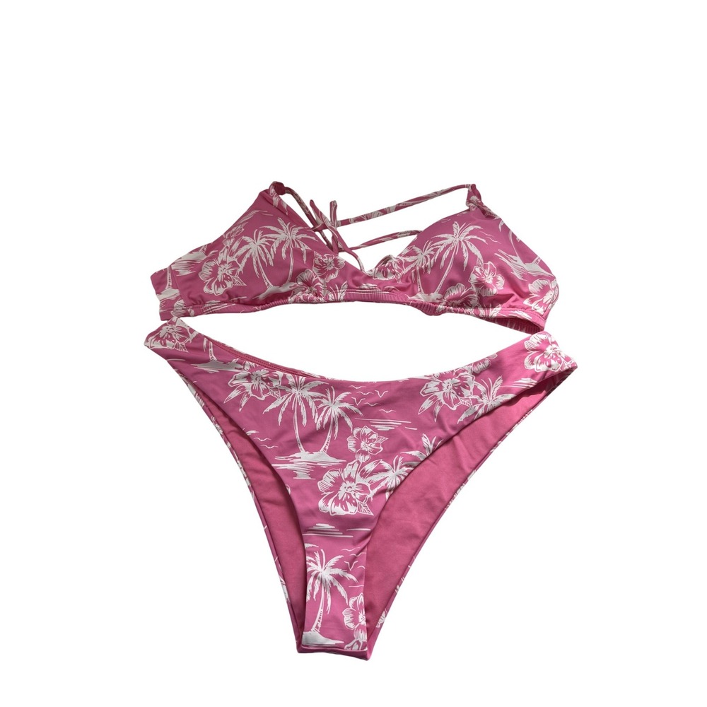 Roxy Athletic Tri Scoop Cheeky Bikini Set Pink Tropical Palm XL 434008210 BDQ